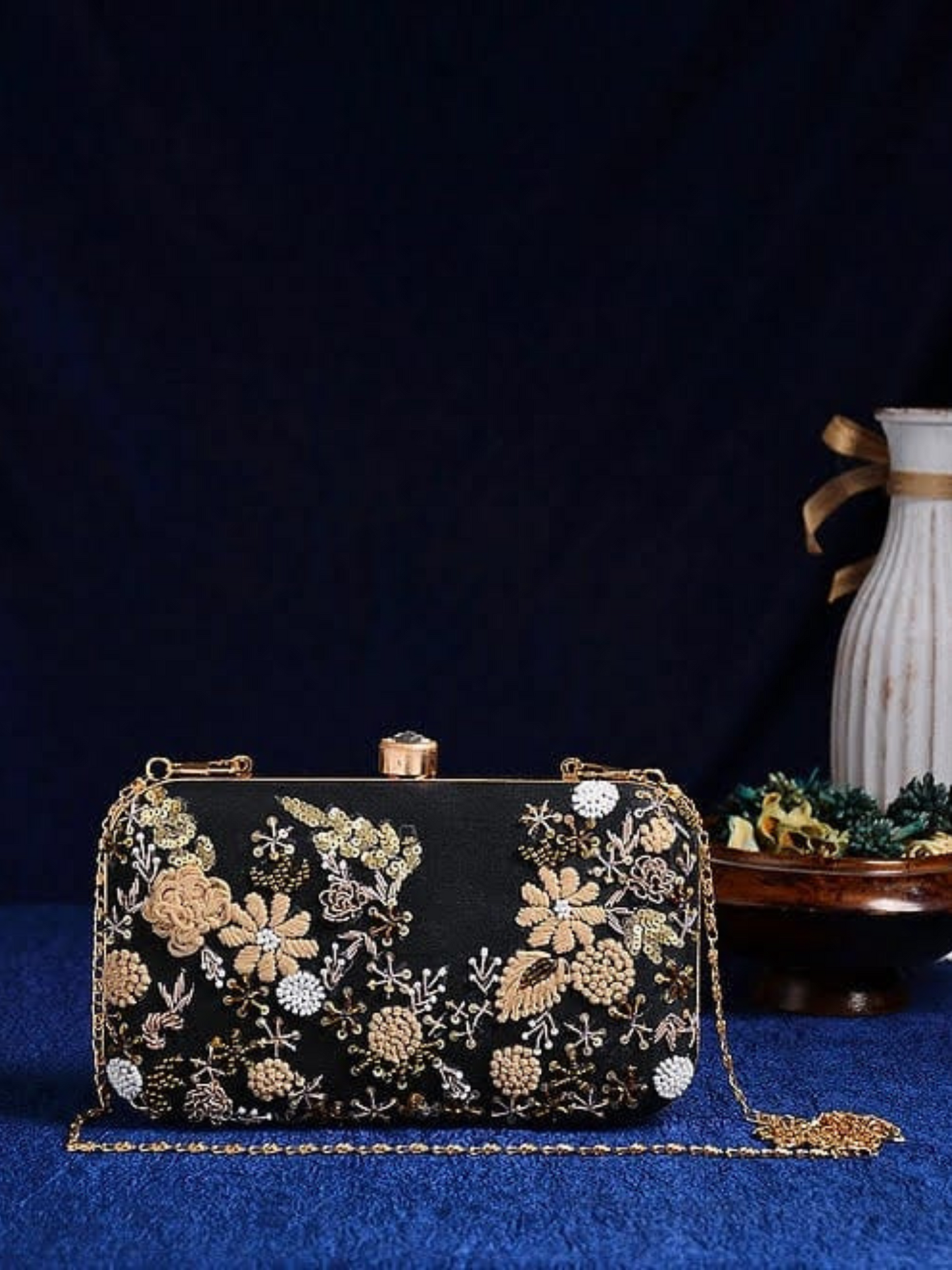 Black Floral thread work Clutch