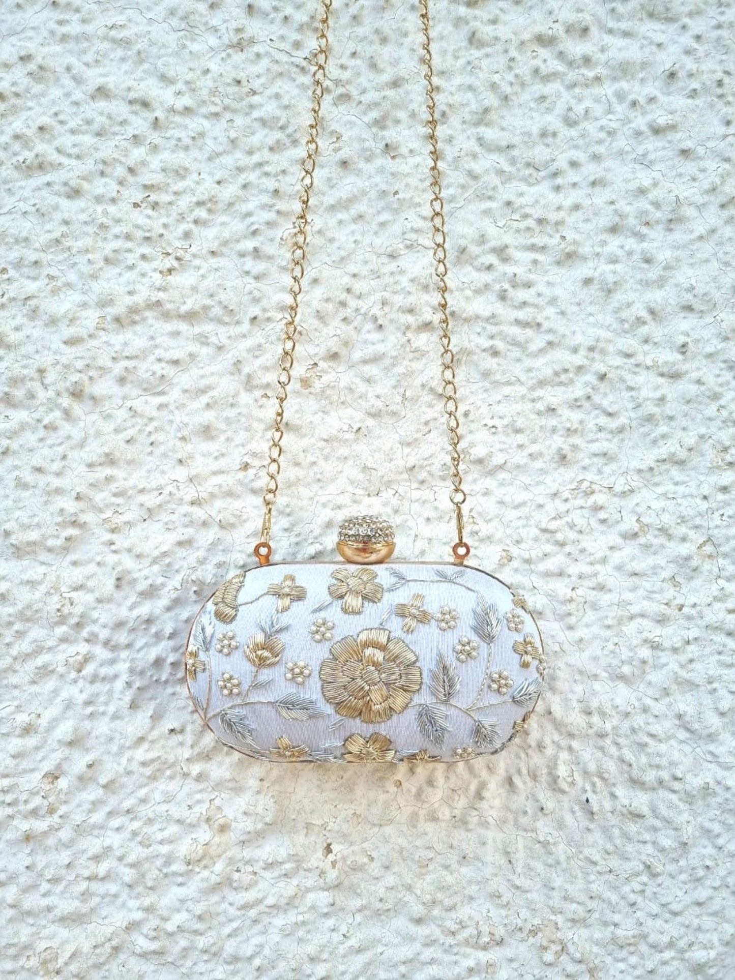 White Zardosi Floral Clutch