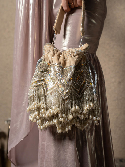 Beige Pearl Tassels Potli as seen on Ruhi Chaturvedi