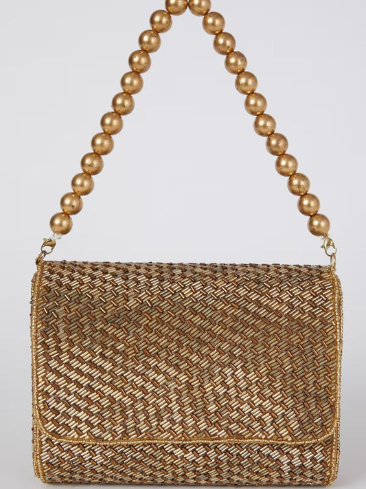 Antique Gold Weave Flapover Clutch