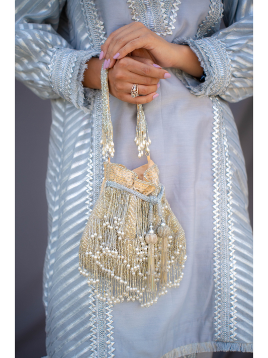 Silver Fringe Glam Potli (White Base)